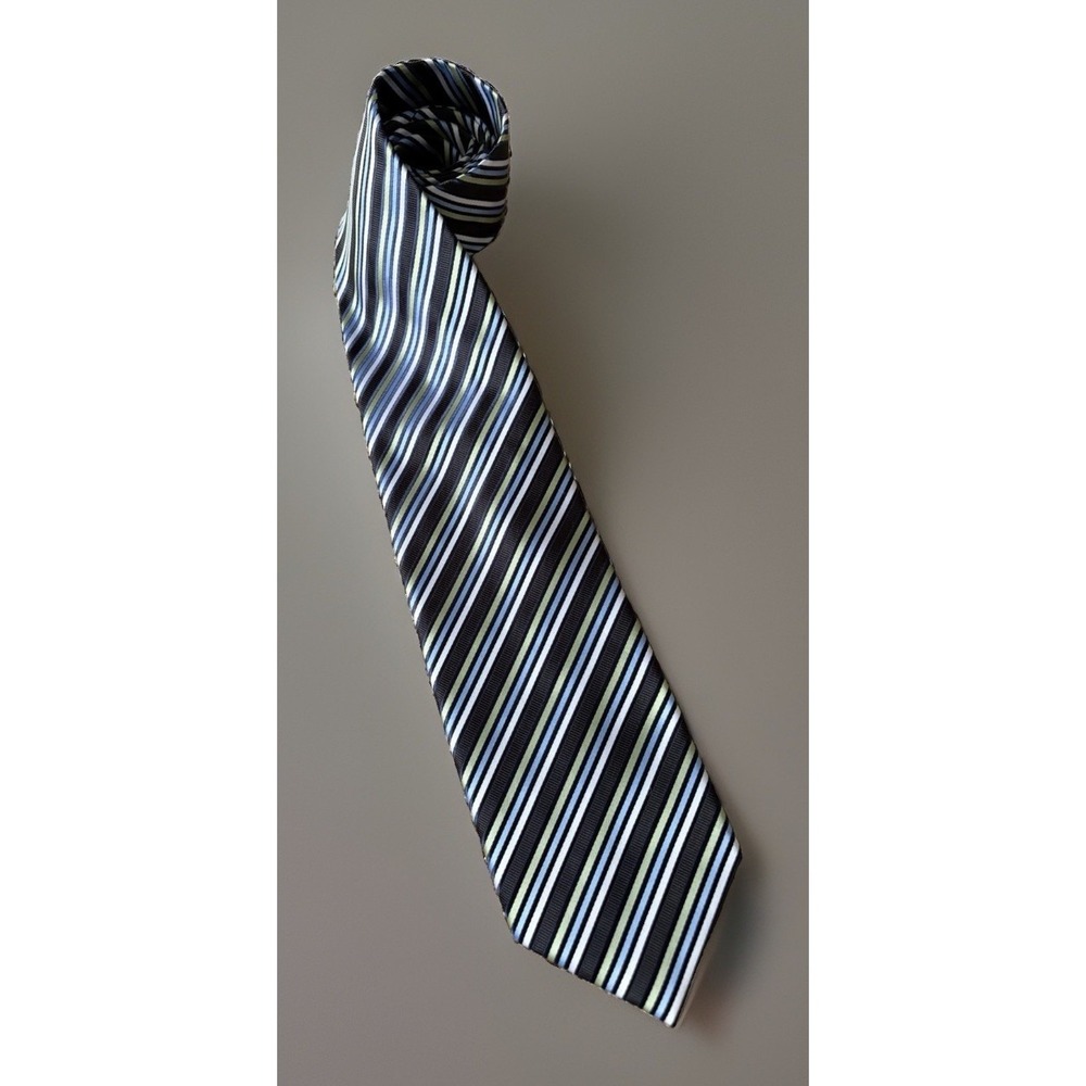 Bergamo New York Neckwear Tie Black Green Blue Diagonal Striped Polyester JBHS